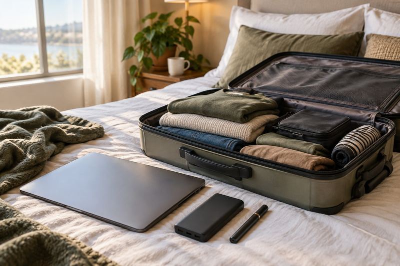 An open suitcase on a bed with a laptop, a power bank and a vape set aside to go in the carry-on bag.