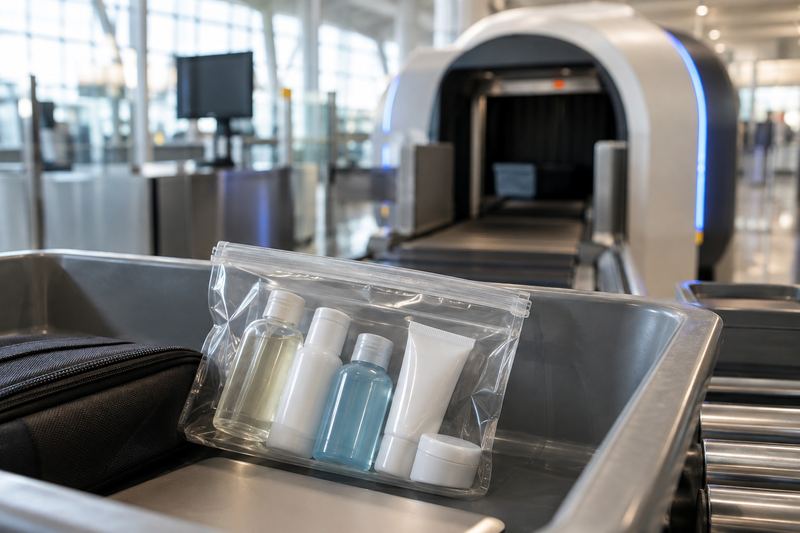 A clear bag of liquids beside a security tray at an airport scanner.