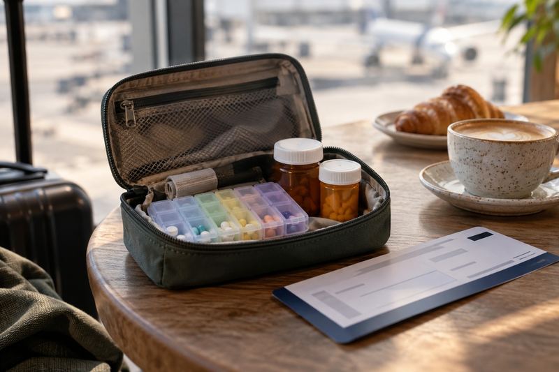 A pill organizer and prescription bottles in a travel pouch next to a boarding pass.