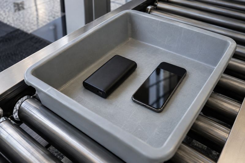 A power bank and a phone lying in a grey airport security bin.