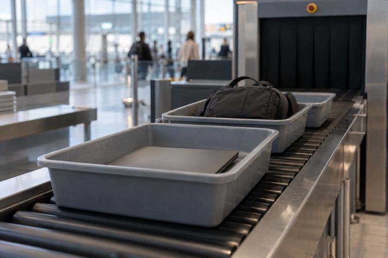 Grey airport security bins holding a laptop and a bag on the conveyor belt before the X-ray machine.