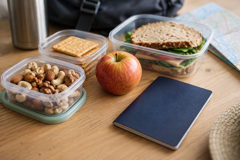 Packed snacks and fruit in reusable containers next to a passport on a table.